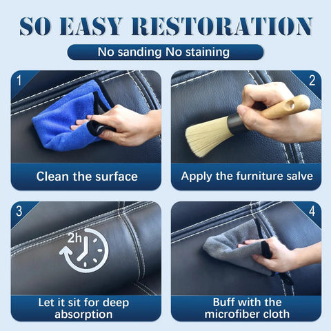 Steps demonstrating Top Shelf Furniture Restore Paste And Leather Conditioner Plus Wood Polish Cleaner, applying and buffing.