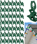 Heavy-Duty C7 C9 Christmas Light Spring Clips 100 Pack Universal Gutter Roof Clips 180-Degree Adjustable Quick Snap Hangers displayed on roof edge installation and detached view