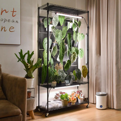 Plant Cabinet With Pegboard 3 Tier Grow Light Shelf Metal Plant Stand With Four Pack 96W Grow Lights For Indoor Plants