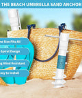 Heavy Duty Beach Umbrella Sand Anchor Base With 5 Spiral Screw Design And Removable Stainless Steel Handle shown by beach bag