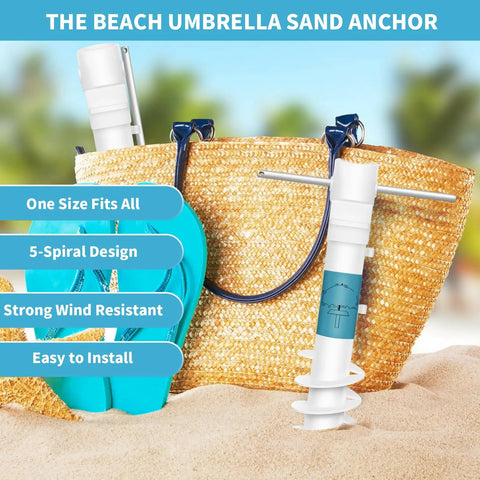 Heavy Duty Beach Umbrella Sand Anchor Base With 5 Spiral Screw Design And Removable Stainless Steel Handle shown by beach bag