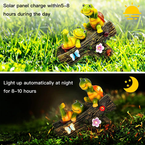 Day and night view of a solar turtle statue on a log with flowers, showing solar charge and lighting features