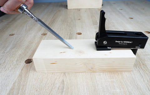 Two Pack 3/4 Inch Bench Clamps Hold Down Quick Release For Workbench And MFT Tables, 19mm Extended Handle in use on wood