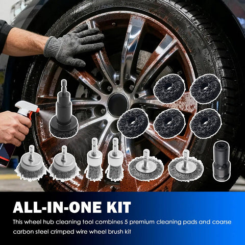 Professional Wheel Hub Cleaning Tool Kit Featuring Steel Wire Brush Cups And Slim Pen Brushes To Scrape Off Caked Brake Dust And Gritty Street Grime From Your Daily Driver.