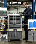 Control panel and filling options of Heavy Duty Evaporative Air Cooler With 5885 CFM Big Blast Airflow And 26 Gal Tank Portable Swamp Cooler 120 Oscillation 3 Speed Keeps Your Patio Chill.