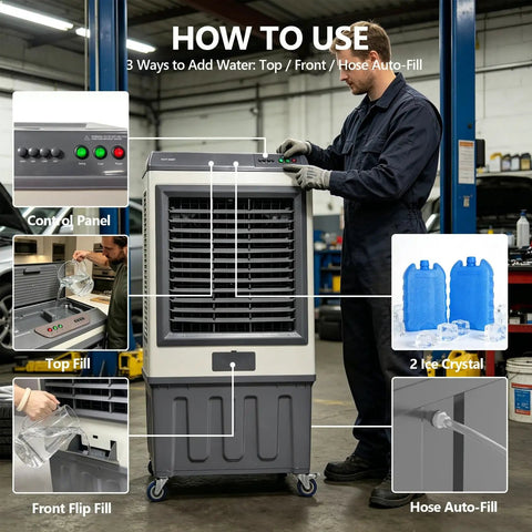 Control panel and filling options of Heavy Duty Evaporative Air Cooler With 5885 CFM Big Blast Airflow And 26 Gal Tank Portable Swamp Cooler 120 Oscillation 3 Speed Keeps Your Patio Chill.