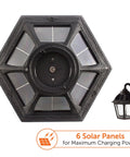 Top view of Polaris Solar Light With 130 Lumen LED Bulb For Outdoor Wall Or Pier Mounts showing 6 solar panels and side view.