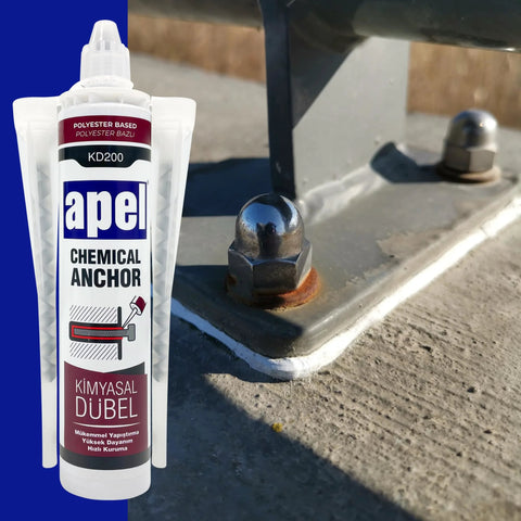 Two Component Polyester Based Concrete Anchor With Solvent Free Acrylic High Performance Adhesive, Self Leveling Liquid Anchoring System, Fast Cure And Ample Working Time, 20 Cartridges Of 17.5 Oz Each, 20 Pack shown next to a mounted metal anchor on a concrete surface.