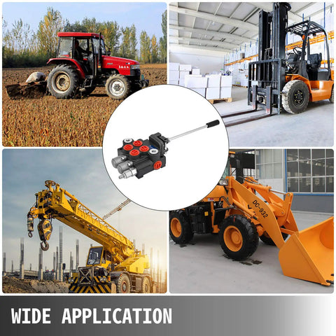 Heavy Duty Dual Spool Hydraulic Joystick Valve For Double Acting Cylinders With 11 GPM Flow And 3600 PSI Range, Directional Control Valve For Tractors, Loaders, Tanks And Log Splitters, Built Tough And Reliable showing various machinery applications