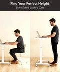 Portable Laptop Cart On Wheels With Adjustable Height Sit Stand Desk And A 28.5 By 22 Inch Tabletop In White, shown for sitting and standing positions