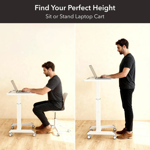 Portable Laptop Cart On Wheels With Adjustable Height Sit Stand Desk And A 28.5 By 22 Inch Tabletop In White, shown for sitting and standing positions