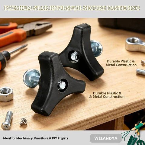 Upgrade Your Ride With These Tough Laqusie Two Piece Screw And Knob Bolts For Lawn Mower Handles Featuring No Tools Needed Universal Fit For Push And Riding Tractors To Fix Worn Grip And Boost Stability Instantly With Durable Steel Build Today. black star knobs with screws and nuts on wooden workbench