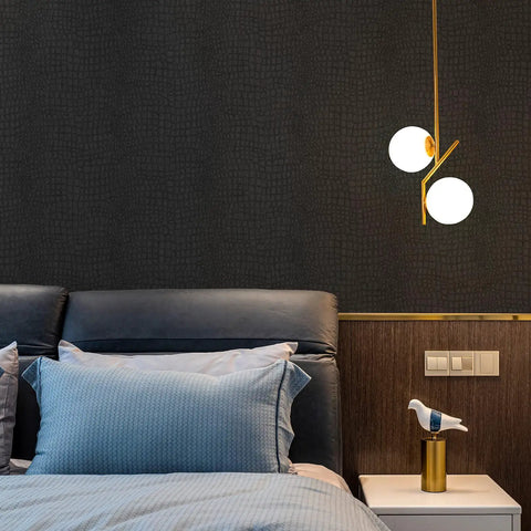 Bedroom with Dope Charcoal Black Crocodile Texture Wallpaper Non Pasted Needs Adhesive Embossed 3D Wall Covering behind bed.