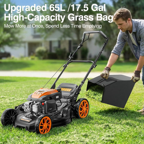21 Inch Self Propelled Gas Lawn Mower with 170cc Engine 4 in 1 mulch bag side and rear discharge foldable design in use