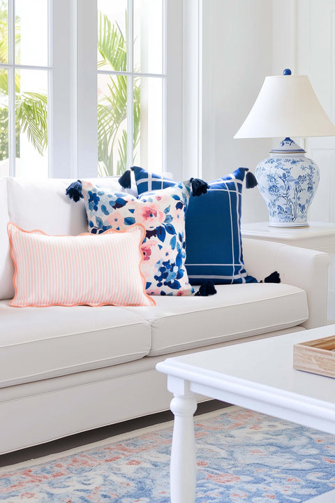 Chill Coastal Patio Lumbar Pillow Cover 12x20 Inches Water Repellent Indoor Outdoor Blush Pink Stripes With Scalloped Edge Hidden Zipper