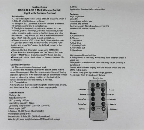 Instructions for USB 300 LED 3x3M Icicle Curtain Light with Remote Control, showing features, specifications, and remote layout.