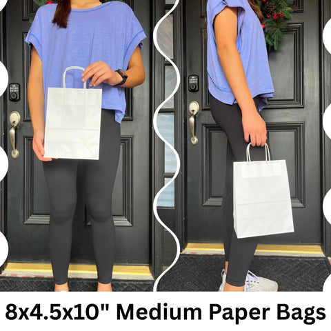 White Paper Gift Bags With Handles Bulk 25 Pcs 8x4.5x10 Medium Size For Gifts Valentines Shopping Retail Sturdy Twisted Handles Box Bottom Stand Up Durable White Gift Bags, person holding bag, door background
