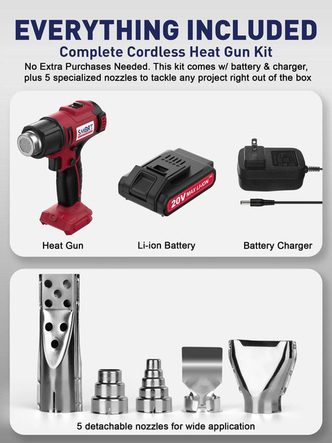Cordless Heat Gun Kit With 5 Nozzles And A 20V Li Ion Battery Portable Hot Air Tool For Vinyl Wrap Resin Crafting Shrink Tubing
