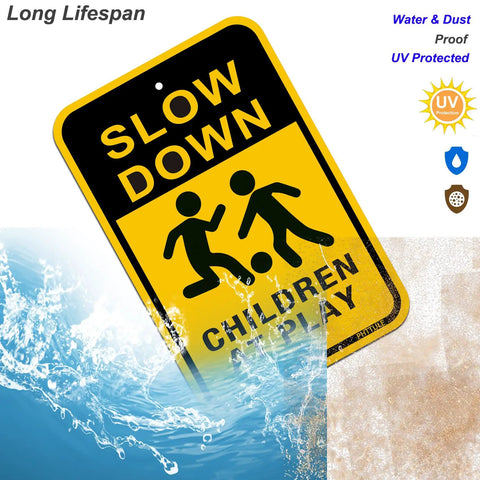 Slow Down Sign for Kids at Play 2 Pack Aluminum Safety Caution Signs for Street Yard and Neighborhoods 18 by 12 Inches Black and Yellow Reflective UV Coated Outdoor Signs front view