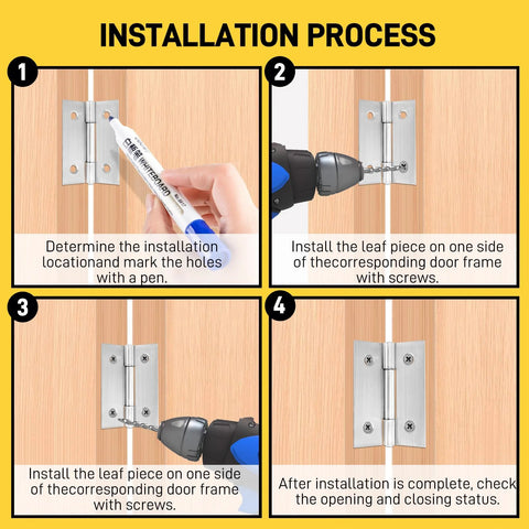 Six 2-inch stainless steel door hinges with screws; installation process diagram on a wooden door frame.