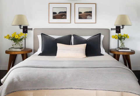 Bed with Cambridge 15 Inch Modern Sleek Swing Arm Wall Sconce With Latte Mocha Empire Fabric Shade, black finish on both sides