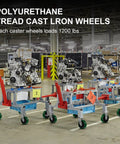 Rock Solid 6 Inch Heavy Duty Caster Wheels Featuring Tough As Nails Polyurethane Tread And Cast Iron Core on tool carts in a factory.