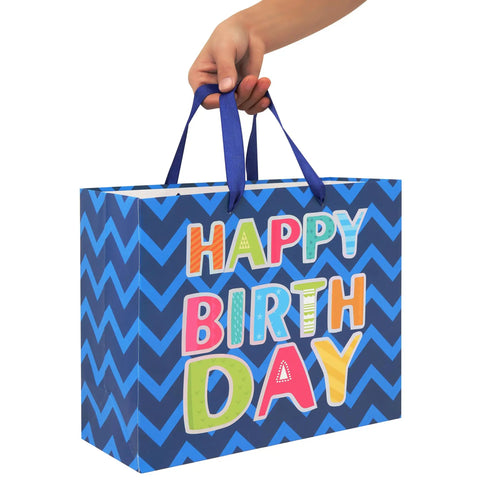 13 Inch Large Blue Gift Bag Set With Greeting Card And White Tissue Papers Laser Foil Happy Birthday For Men And Boys Bday Parties