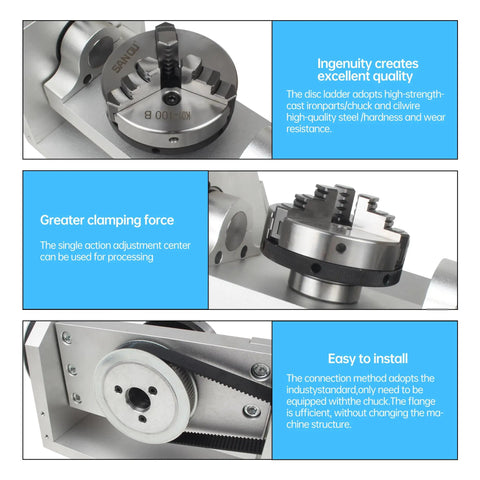 Rock Solid Cnc 5 Axis Rotary Table With 100mm Three Jaw Chuck, showcasing detailed components and clamping mechanism for precision use.