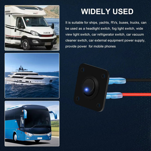 Blue Round LED Toggle Switch Panel 12V 20A SPST On Off Marine Grade Control For Boats RVs Campers Trailers Buses Yachts And Other Mobile Vehicles For Marine Electrical Systems And Recreational Vehicle Setups Dockside Ready, black square panel with blue LED