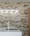 Modern Black And Satin Nickel Vanity Light With Clear Glass Shades in farmhouse bathroom setting