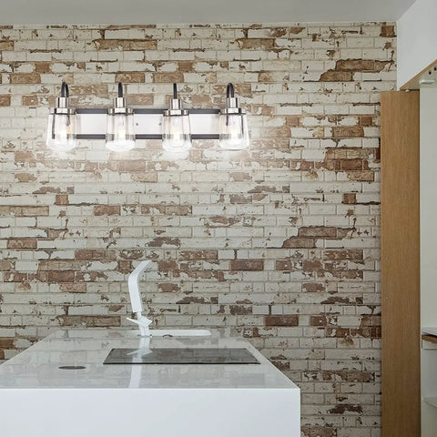 Modern Black And Satin Nickel Vanity Light With Clear Glass Shades in farmhouse bathroom setting