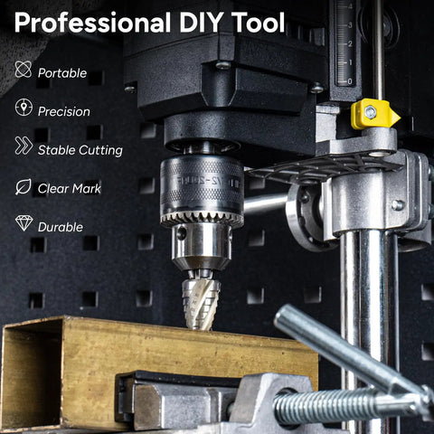 Four Spiral Flute Step Drill Bit Set For Metal And Wood Five Piece High Speed Steel Unibit Kit in a drill press