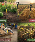 46 Inch Four Tines Pitch Fork With Y Grip Handle in different uses: gardening, farming, cleaning garage, composting.
