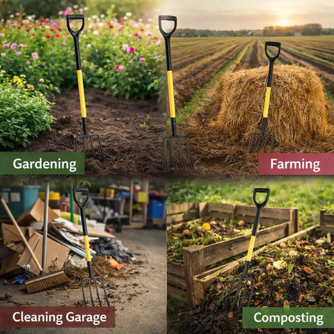 46 Inch Four Tines Pitch Fork With Y Grip Handle in different uses: gardening, farming, cleaning garage, composting.
