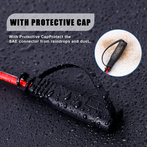 Close-up of 14 AWG SAE Y Splitter Cable With Two SAE Quick Disconnect Plugs 12 Inch DC Power Automotive Adapter in rain.