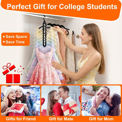 Woman using Space Saving Dorm Room Hangers Pack Of 6 With 9 Holes For Wardrobe Organization; dresses neatly arranged.