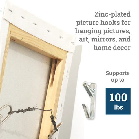 Heavy Duty Picture Hangers Set 100 Lb Per Hook With Nails For Hanging Photos Like A Pro Large Frames Canvas Art And Mirrors Wall Hooks For Drywall Or Plaster 10 Pack, shown with hooked canvas.