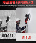 Heavy Duty Drywall Sander For Knocking Off Popcorn Ceilings Fast With 8 Amp Motor in use for wall sanding before and after results.