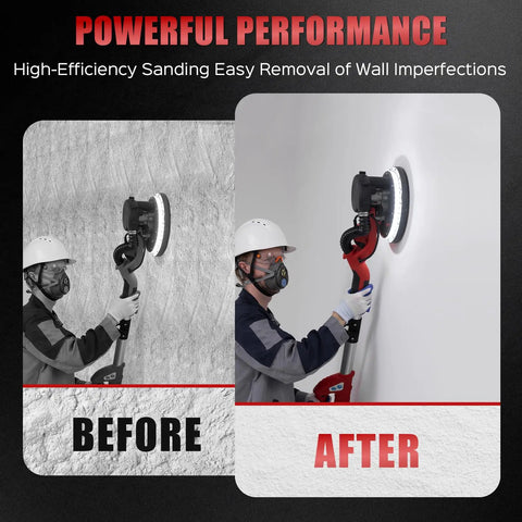 Heavy Duty Drywall Sander For Knocking Off Popcorn Ceilings Fast With 8 Amp Motor in use for wall sanding before and after results.