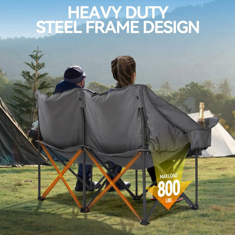 Two Person Padded Camping Chair for Outdoor Lounging, Heavy Duty Oversized Camping Loveseat with Cup Holders in use outdoors