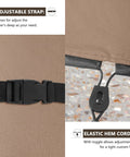 Close-up of adjustable strap and elastic hem cord on waterproof patio cooler cart cover.