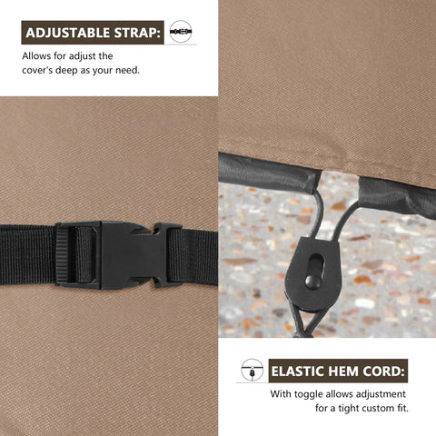 Close-up of adjustable strap and elastic hem cord on waterproof patio cooler cart cover.