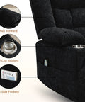 Close-up of black plush 360 Degree Rotating Recliner With Massage And Heat Built In Cup Holder Manual Tilt showing cup holders and pockets.