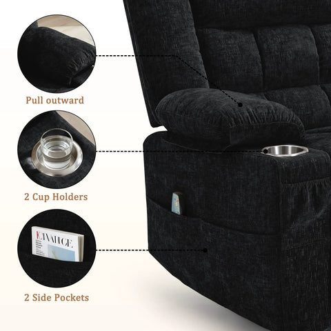 Close-up of black plush 360 Degree Rotating Recliner With Massage And Heat Built In Cup Holder Manual Tilt showing cup holders and pockets.