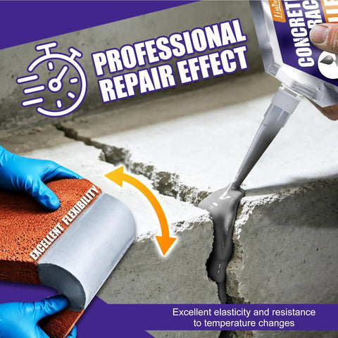 Premium Concrete Crack Filler Kit For Driveway And Patio Repair Features Self Leveling Cement pouch dispensing flexible sealant into crack.