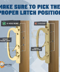 Legacy Sliding Glass Door Offset Latch Gold Handle Set Replacement Eight And One Half Inch Escutcheon Plate Fits Three And Fifteen Sixteenths Inch Screw Hole Spacing And One And Quarter To Two And Quarter Inch Door Thickness Sash Controls 2265 installation guide showing correct latch placement on door with 4-hole bore and 3-hole bore configurations.