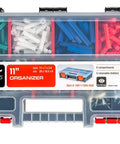 Three Piece Organizer Set With Removable Dividers One Medium And Two Mini Hardware Boxes shown with plastic compartments