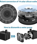 Outdoor Solar Fountain Pump 3.5W With 6 Nozzles dismantled view showing solar silicon wafers and water pump parts.