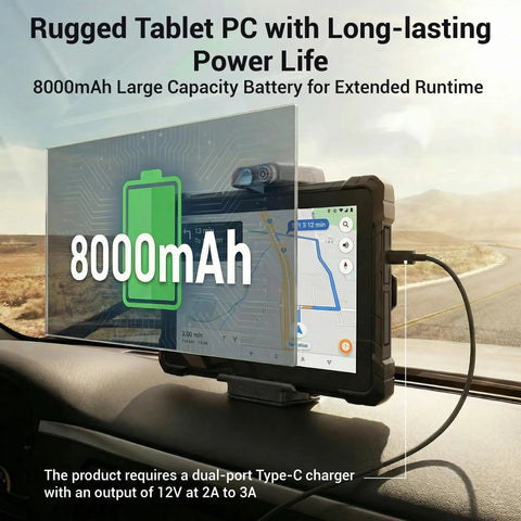 Rugged 10.1 Inch Tablet PC With Windows 11 Pro And Intel N100 Processor Featuring IP67 Waterproof Shield and 8000mAh battery in vehicle mount.