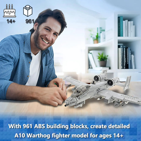 A10 Warthog Plane Building Toy Set With 961 Pieces For Adults And Teens Realistic Fighter Jet Building Blocks Air Force Model Kit STEM Education Gift Durable Brick Construction And Collectible Display, 961-piece gray ABS model on table